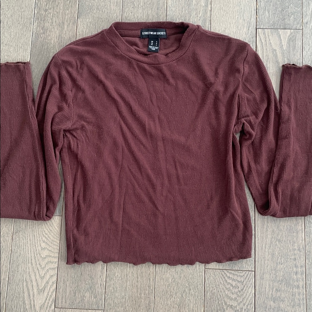 2/$20 Ribbed Brown Mock Neck Crop Top - Long Sleeve, Streetwear Style Size Small